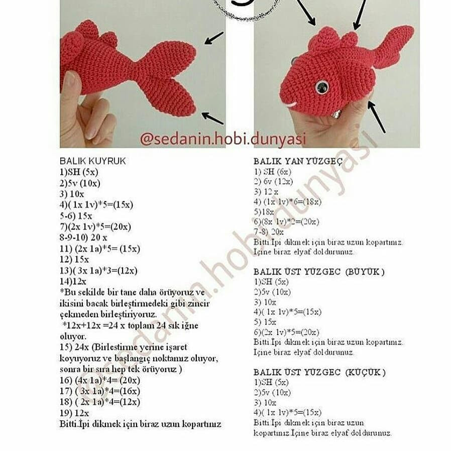 Kırmızı Amigurumi Balık Modeli İçin Kolay Tığ İşi Deseni