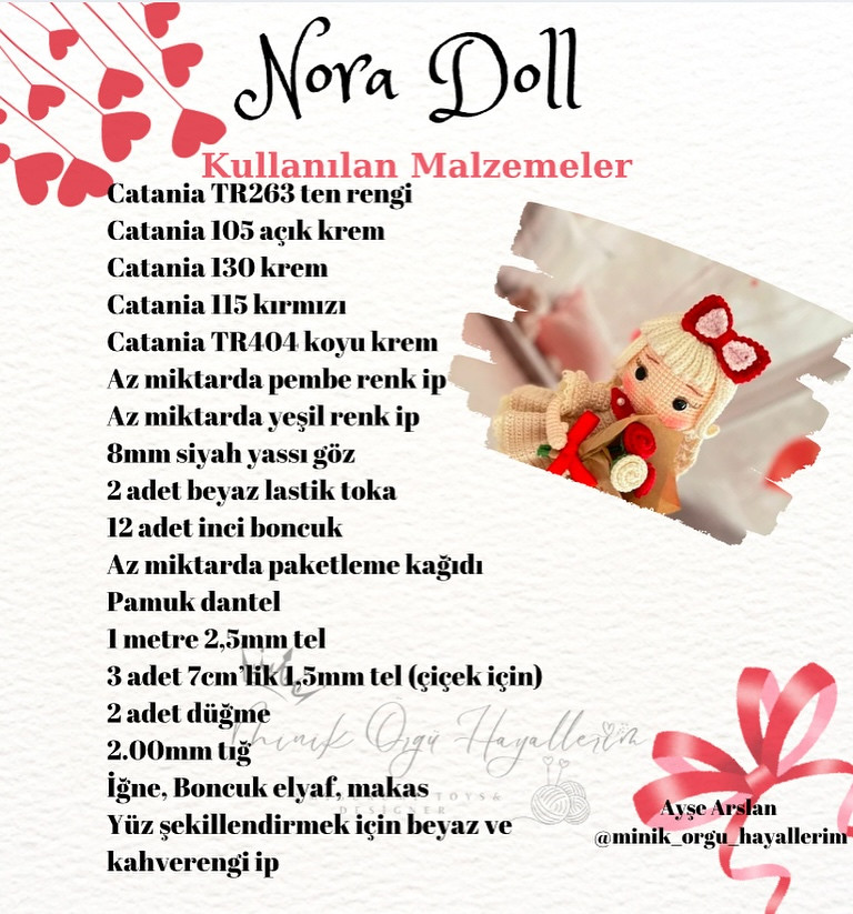 Kırmızı Fiyonklu Amigurumi Bebek ve Çiçek Buketi