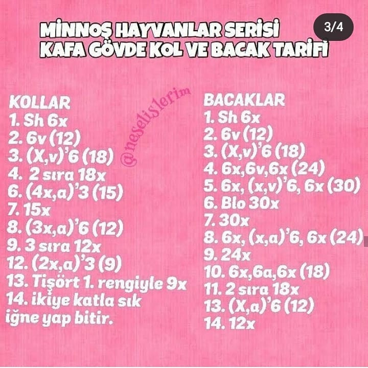 Minnak Hayvanlar: Baş, Gövde, Kol ve Bacak Örgü Deseni