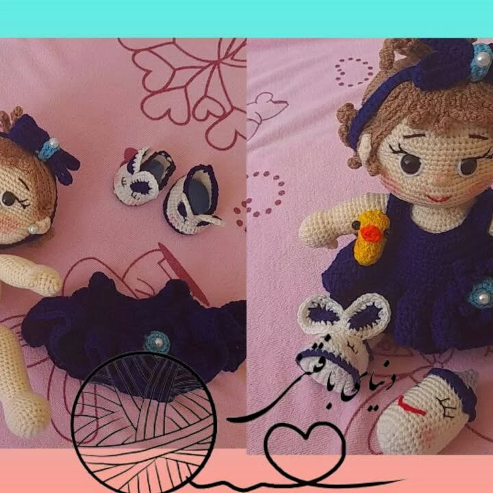 متن عروسک بافتنی قلاب بافی با لباس آبی زیبا