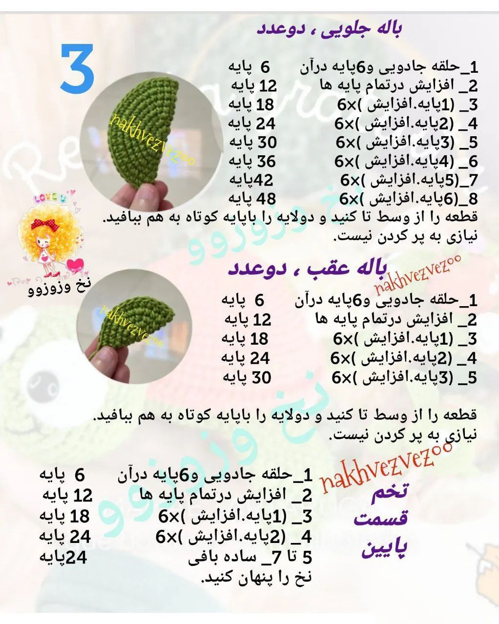 متن الگوی بافت عروسک لاکپشت با جزئیات کامل