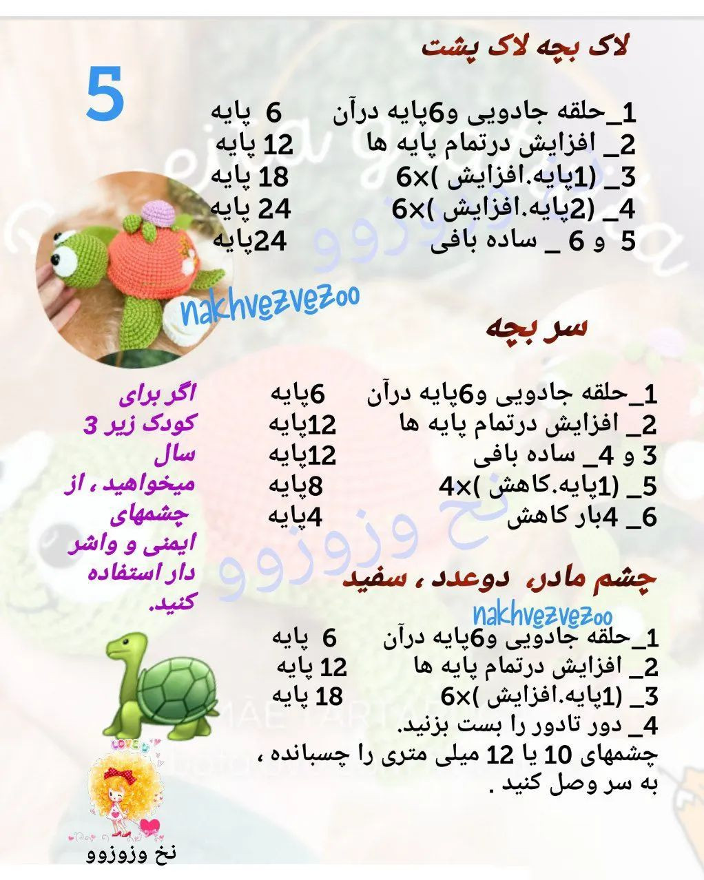متن الگوی بافت عروسک لاکپشت با جزئیات کامل