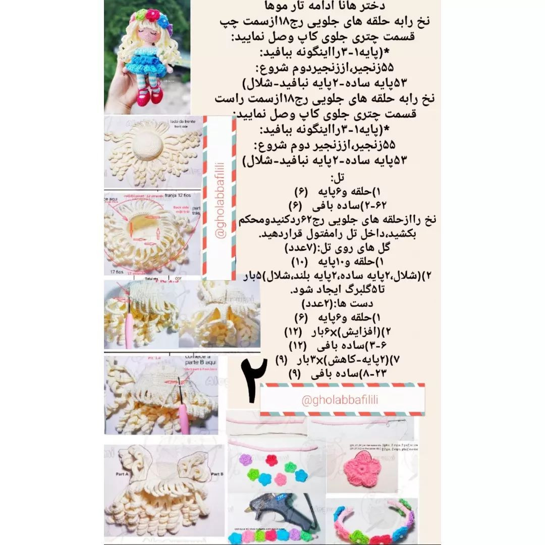متن الگوی قلاب بافی عروسک زیبا با لباس آبی
