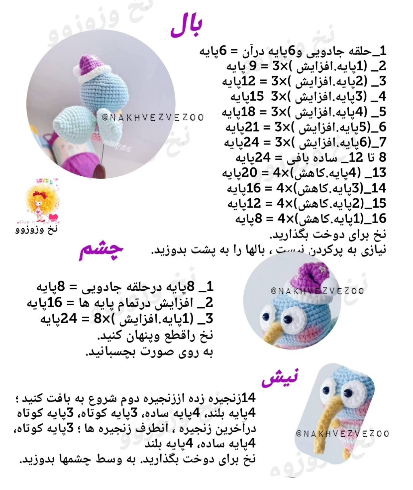 متن الگوی قلاب‌بافی برای یک پرنده کارتونی با کلاه