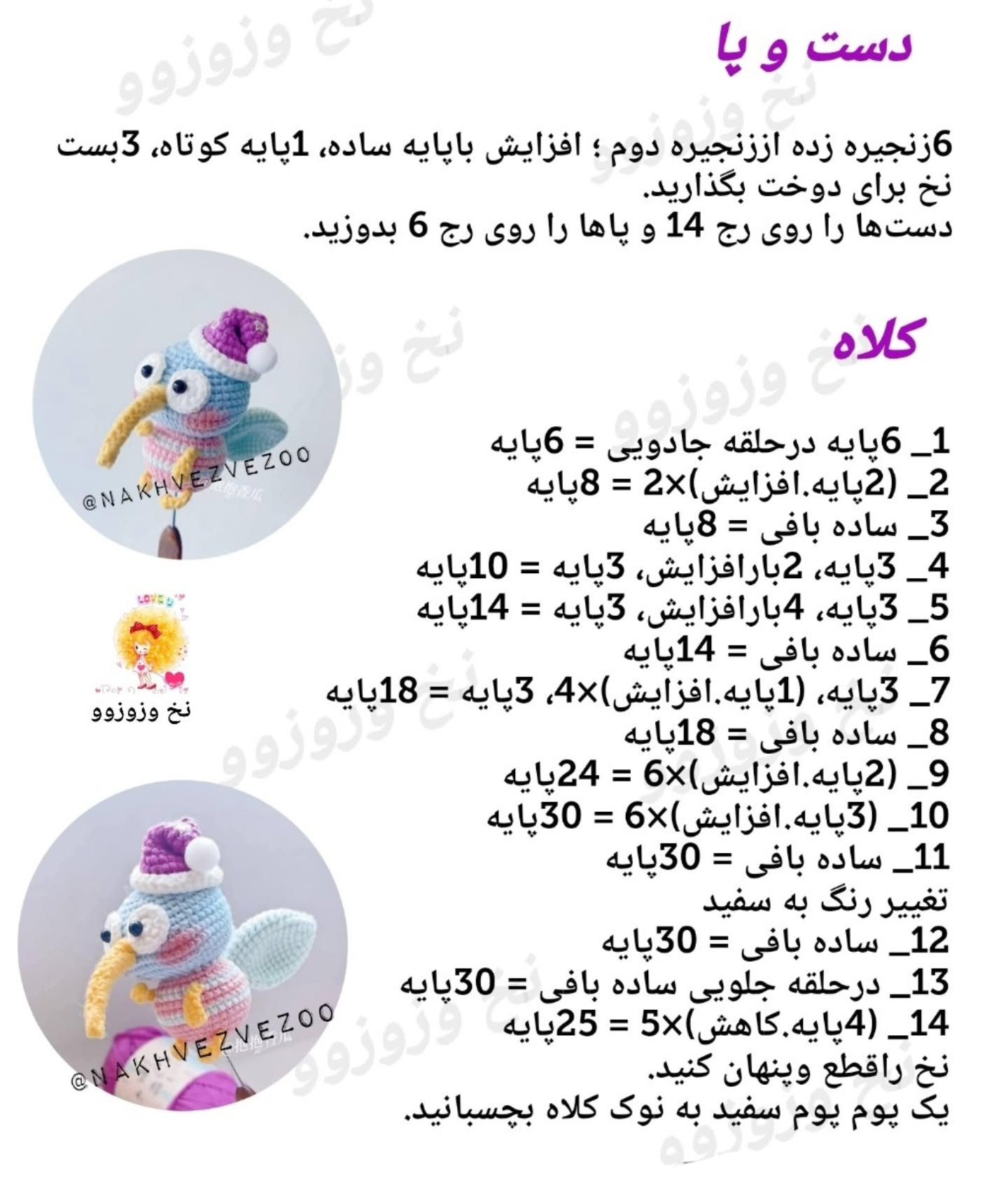 متن الگوی قلاب‌بافی برای یک پرنده کارتونی با کلاه