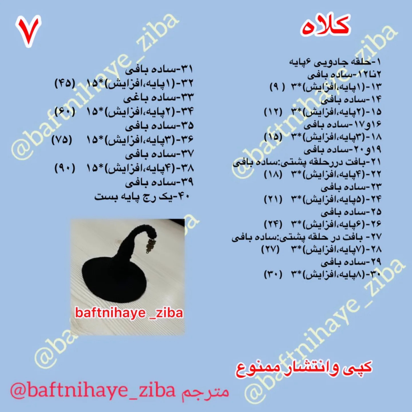 متن: الگوی قلاب‌بافی جادوگر کوچک با کلاه و لباس صورتی
