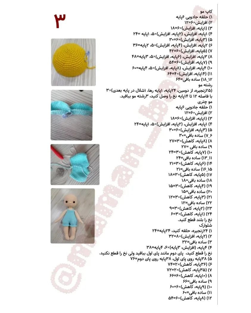 نمودار قلاب‌بافی عروسک فرشته با بال و لباس آبی