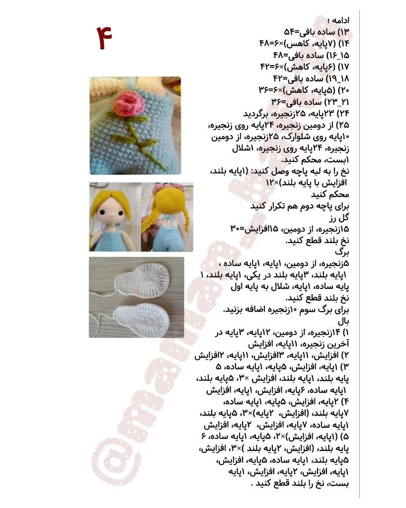 نمودار قلاب‌بافی عروسک فرشته با بال و لباس آبی