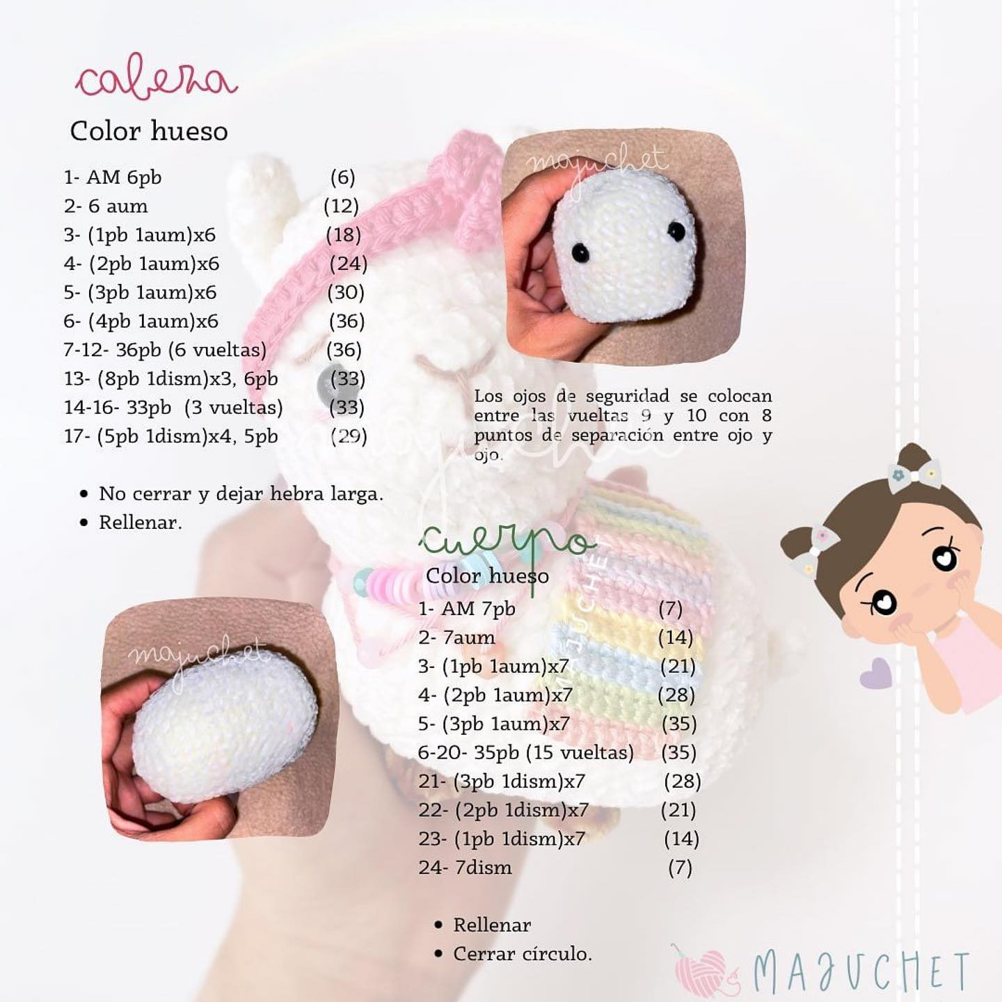 "Patrón de amigurumi de llama con accesorios de colores"