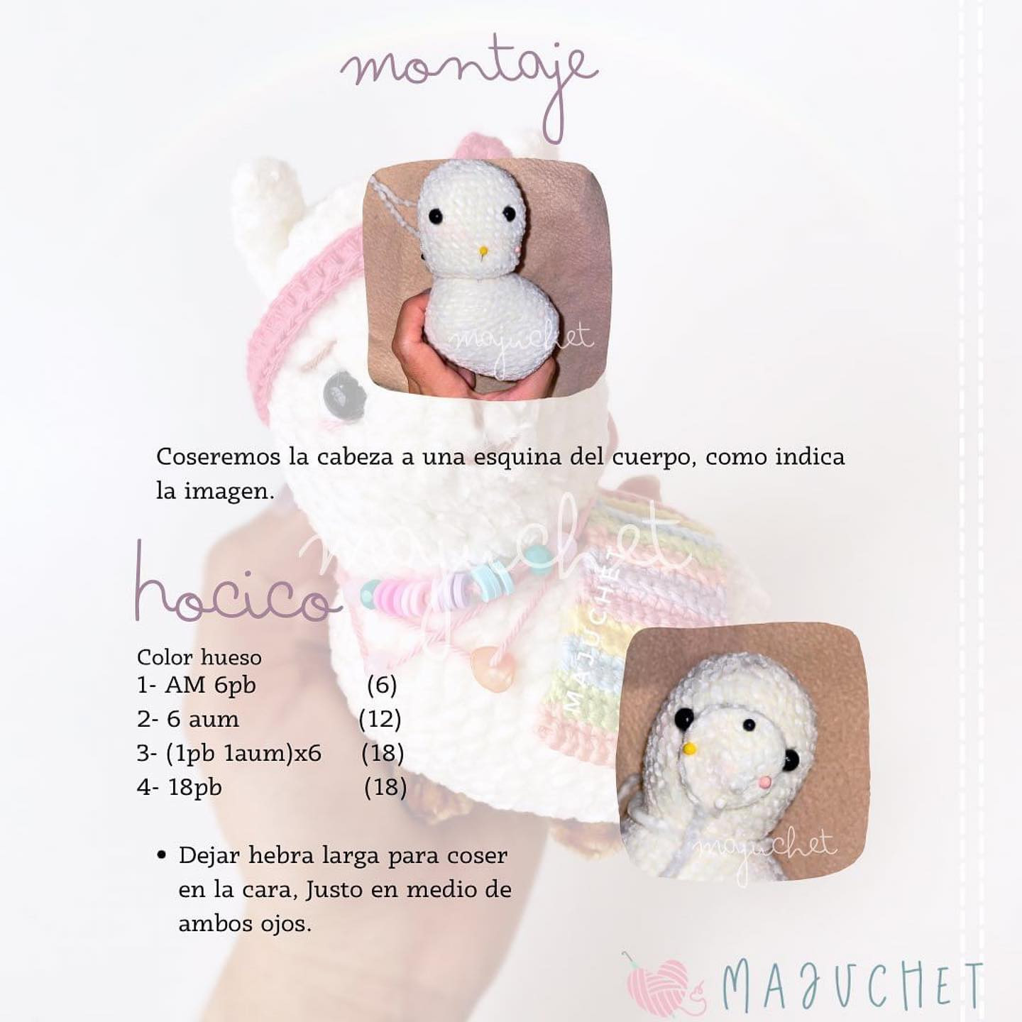 "Patrón de amigurumi de llama con accesorios de colores"