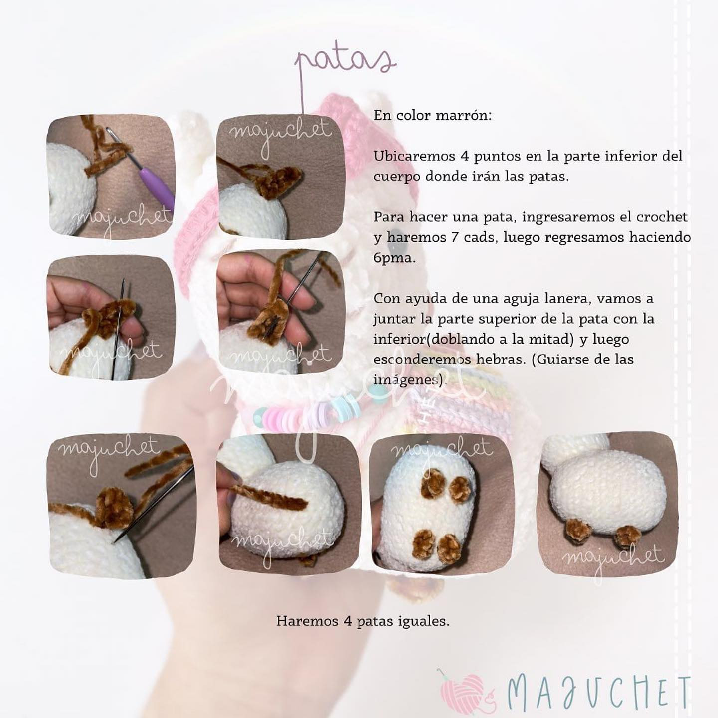 "Patrón de amigurumi de llama con accesorios de colores"
