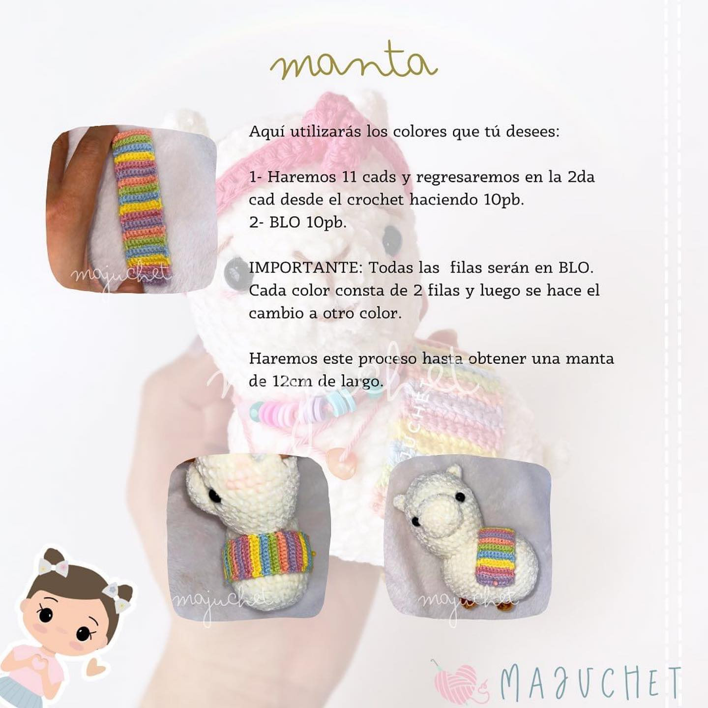 "Patrón de amigurumi de llama con accesorios de colores"