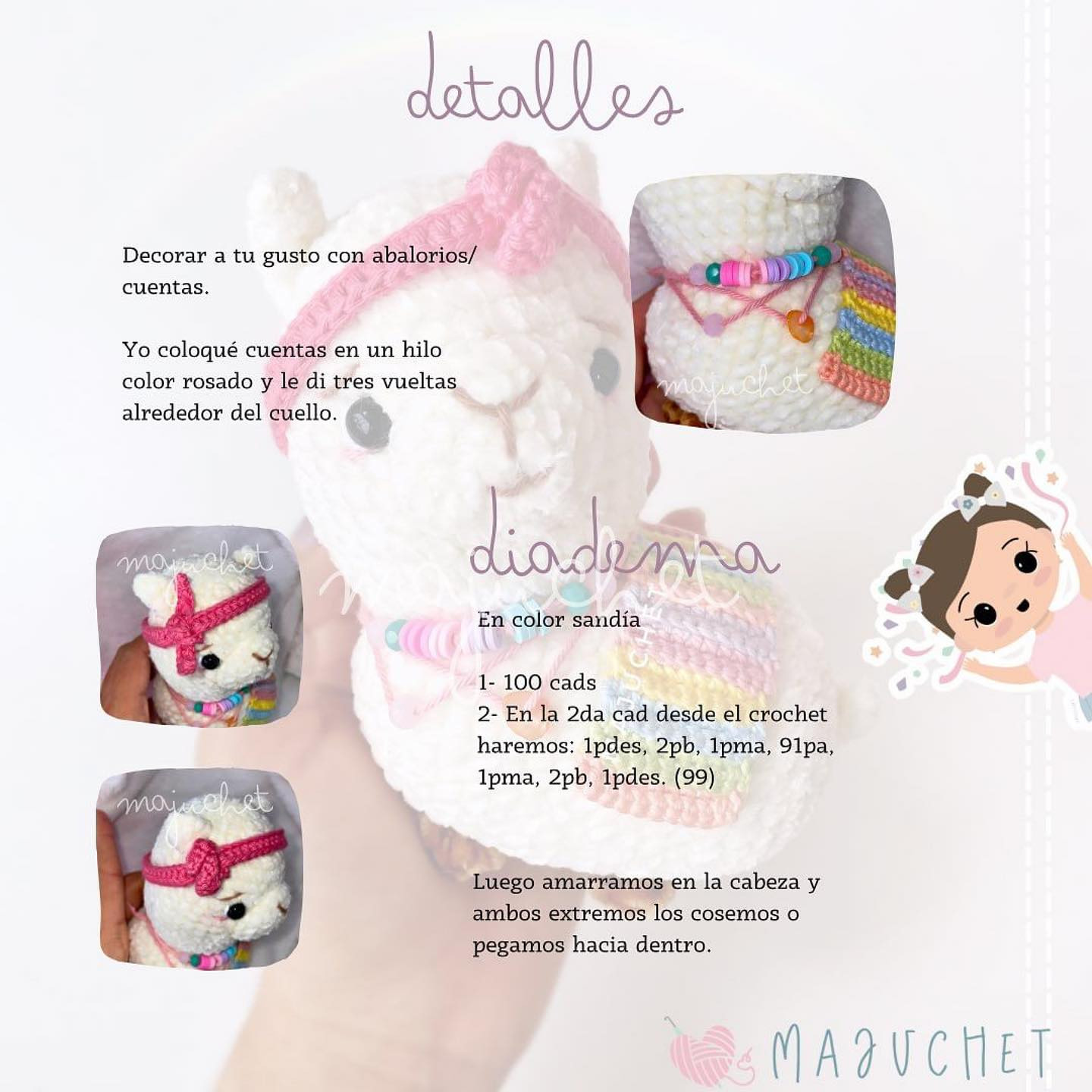 "Patrón de amigurumi de llama con accesorios de colores"