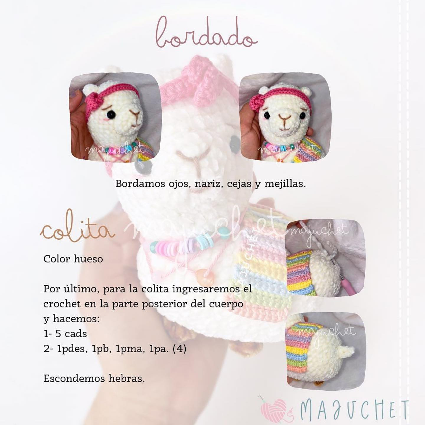 "Patrón de amigurumi de llama con accesorios de colores"