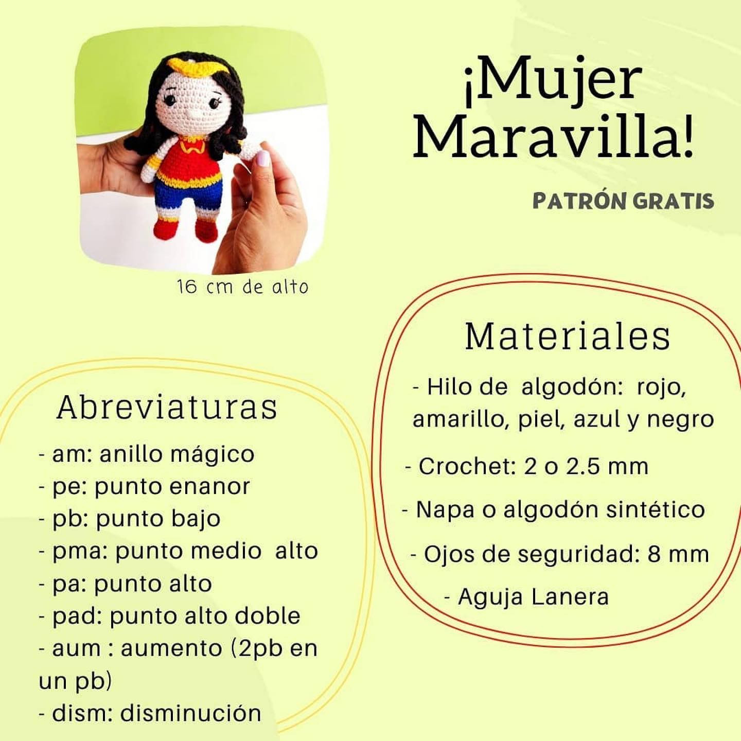 Patrón de muñeca amigurumi de Mujer Maravilla para crochet.