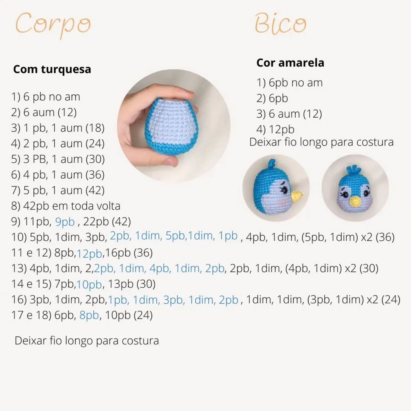 Pequeno Pássaro Azul de Crochê com Receita Grátis e Detalhes Florais