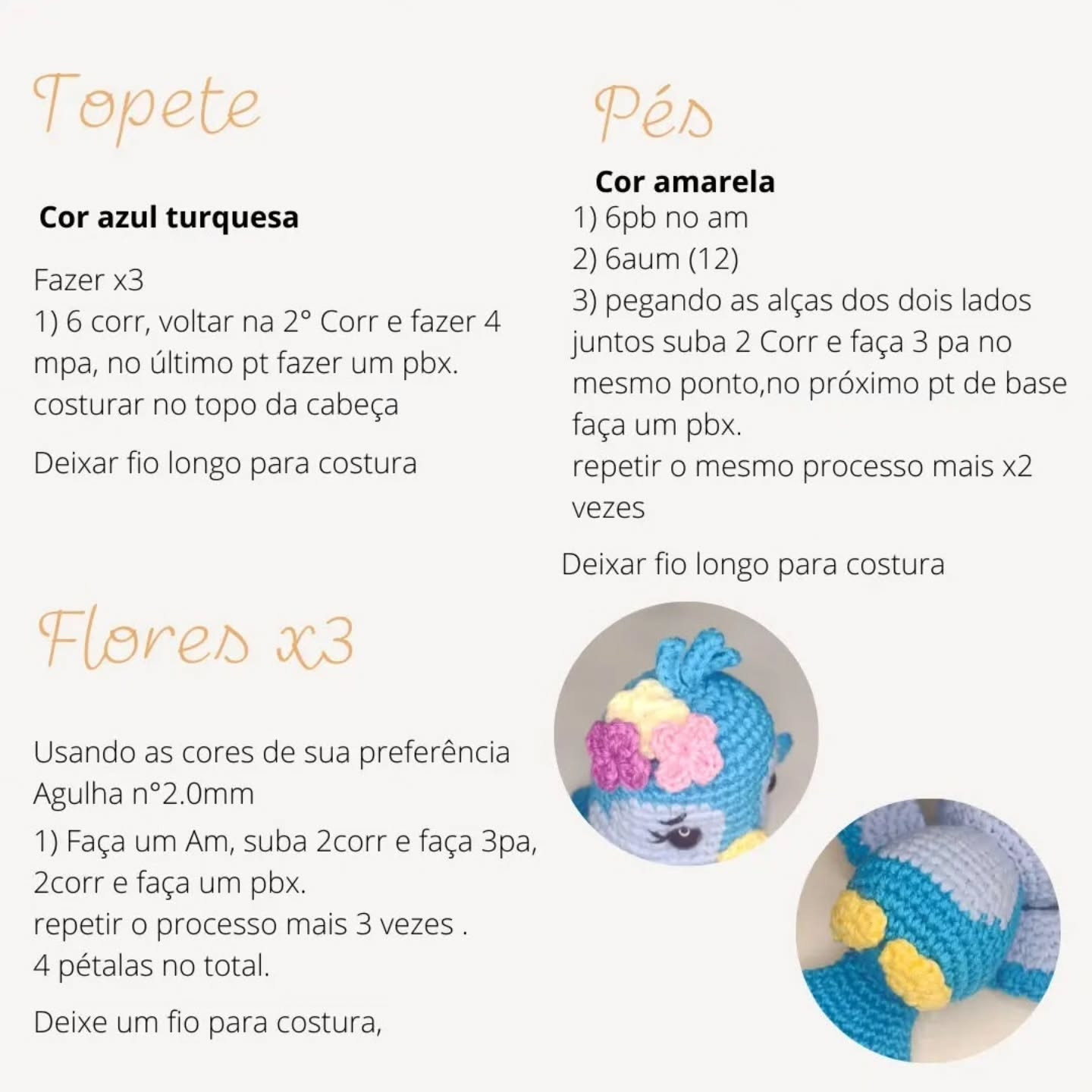 Pequeno Pássaro Azul de Crochê com Receita Grátis e Detalhes Florais