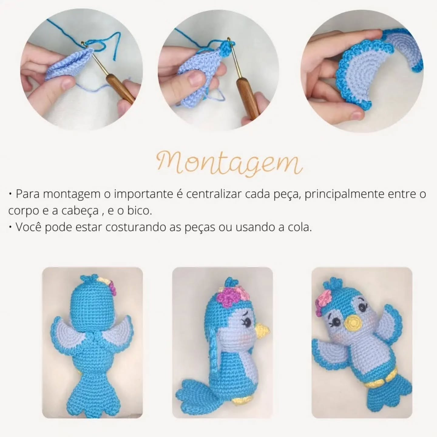 Pequeno Pássaro Azul de Crochê com Receita Grátis e Detalhes Florais