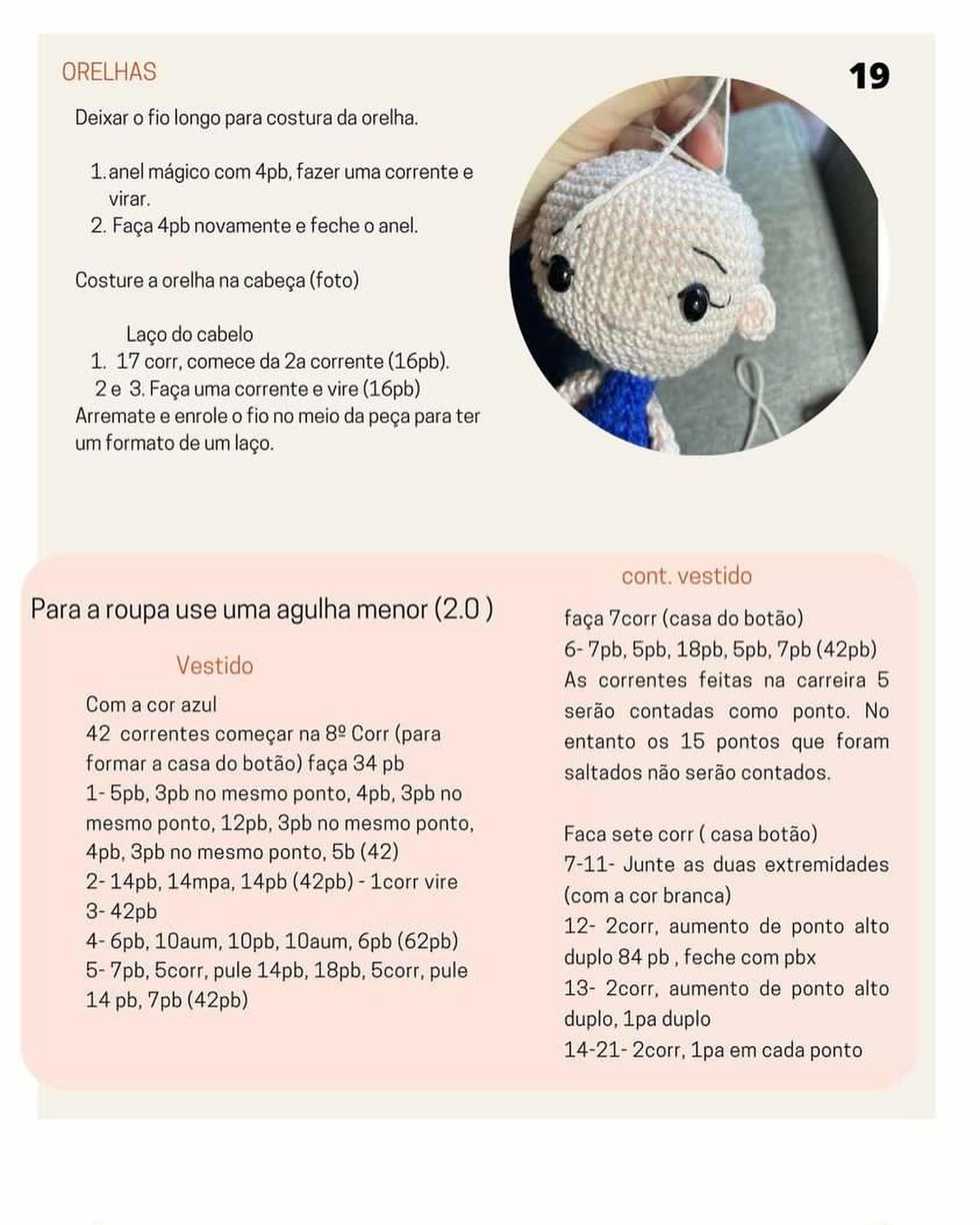 Receita de Amigurumi Grátis: Boneca de Vestido Azul e Cabelo Vermelho