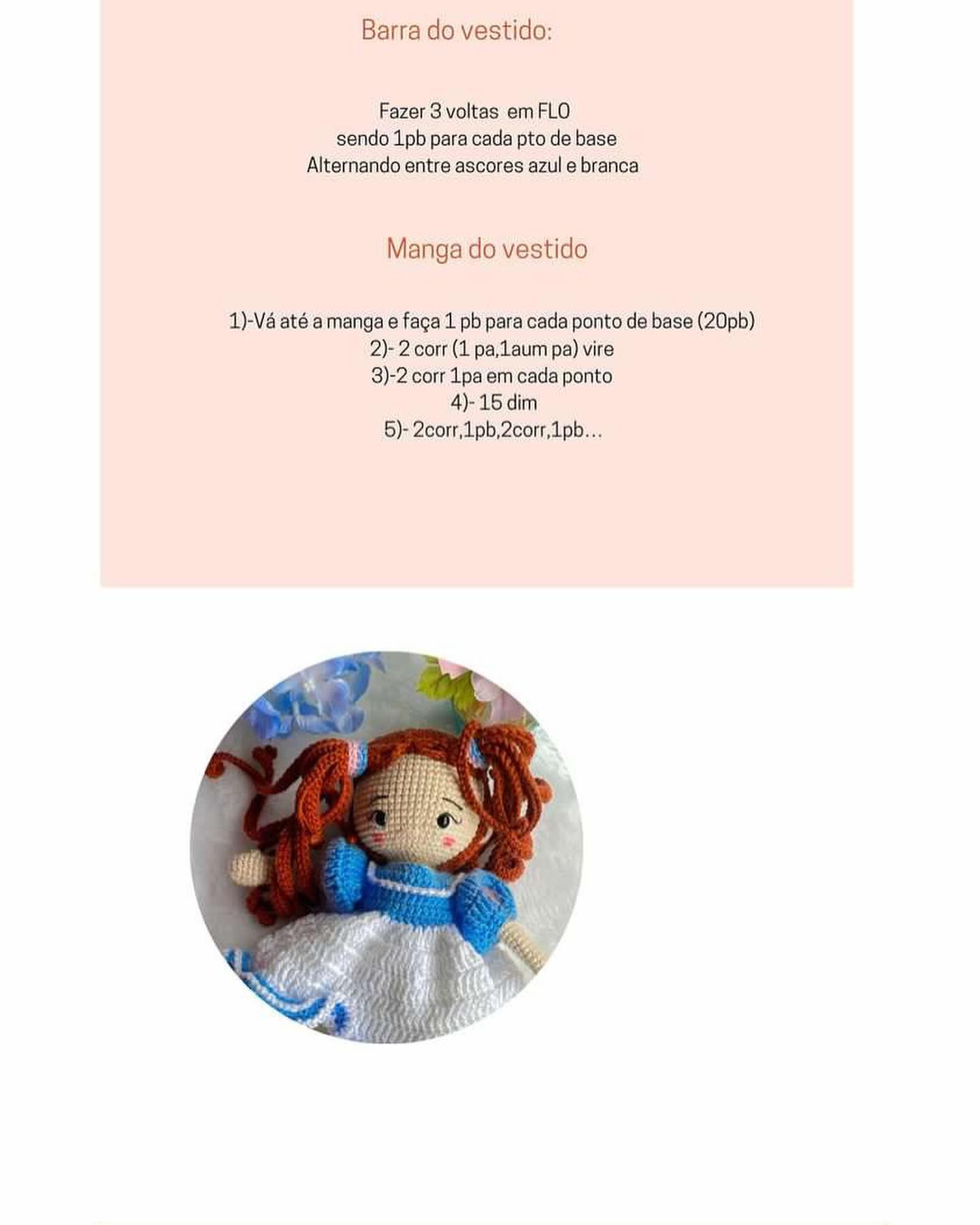 Receita de Amigurumi Grátis: Boneca de Vestido Azul e Cabelo Vermelho