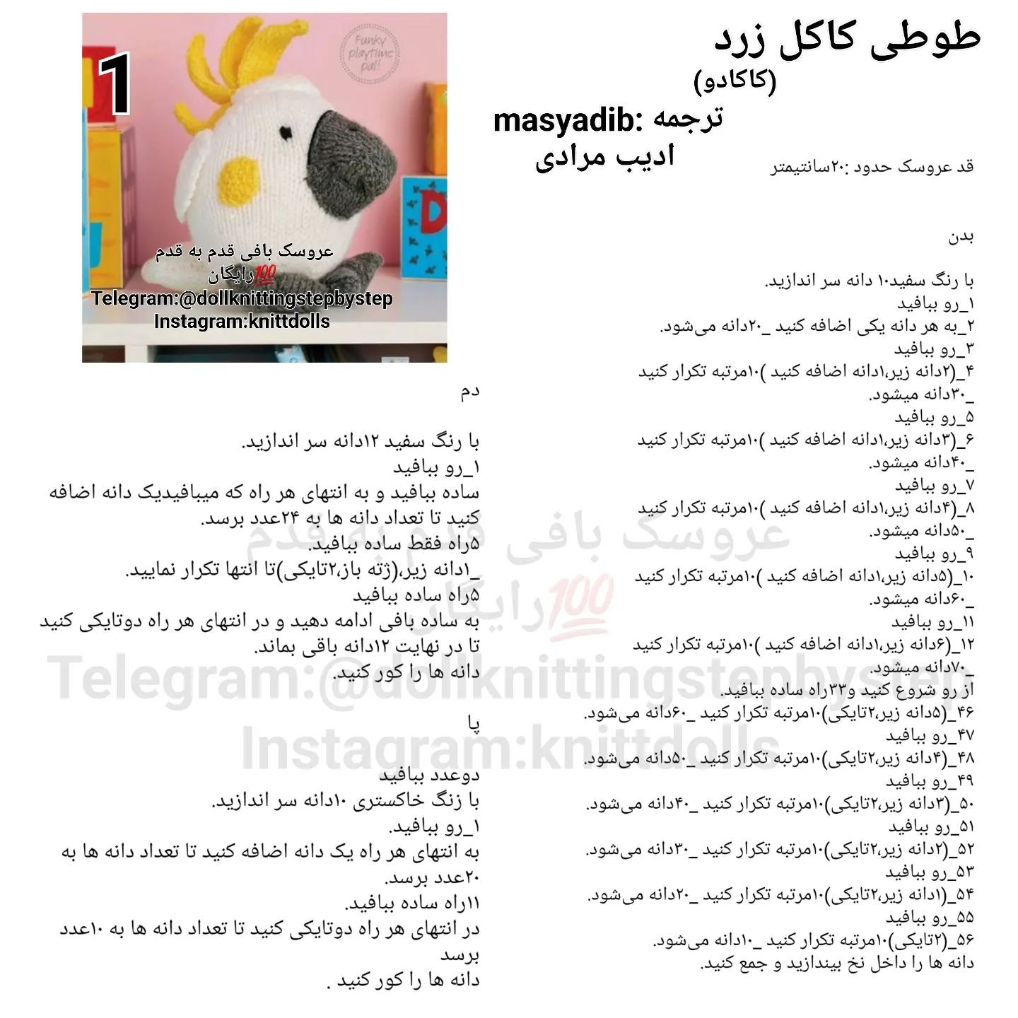 طوطی کاکل زرد با الگوی بافتنی