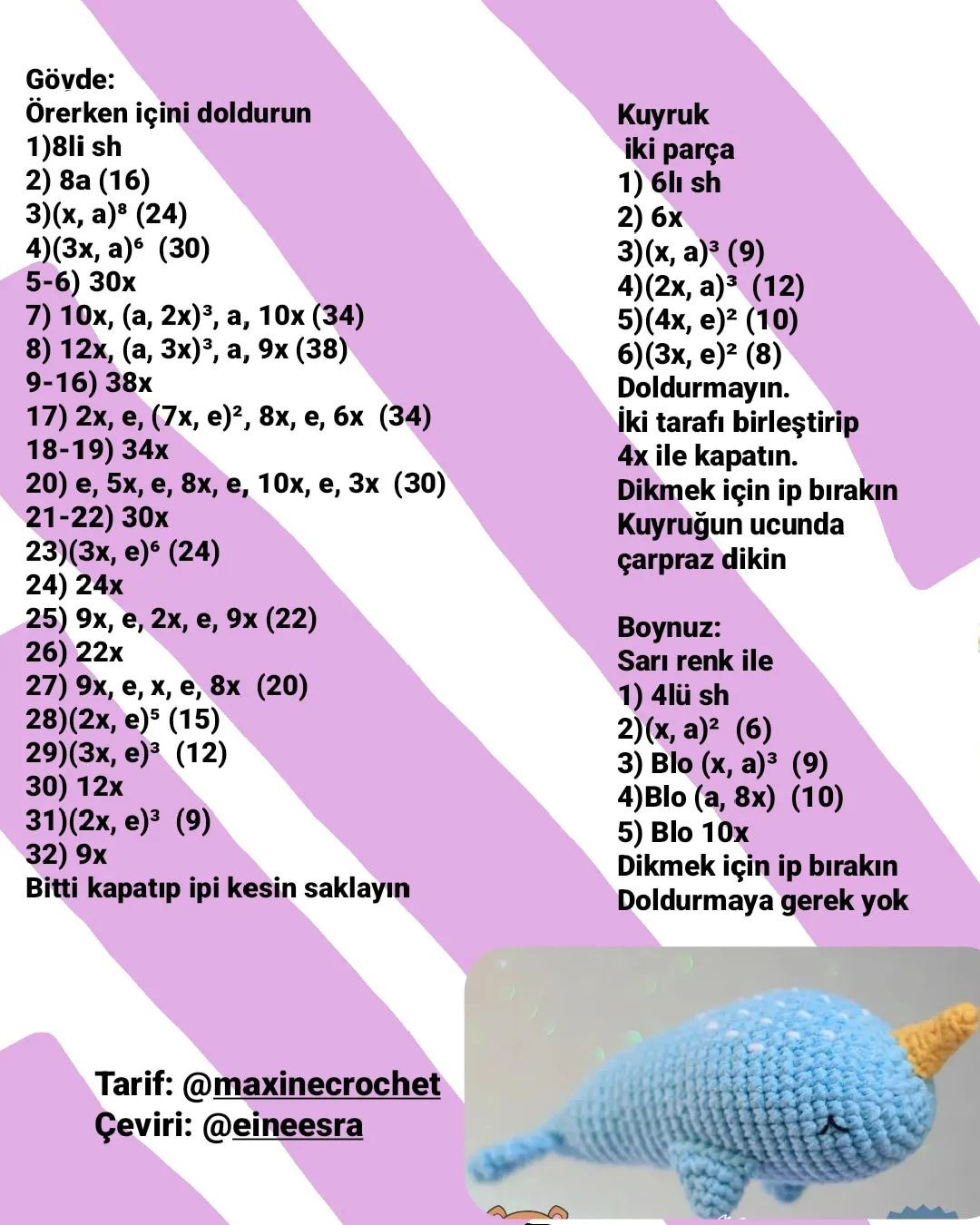 Ücretsiz Amigurumi Deseni: Mavi Narval Yün Oyuncak Yapımı