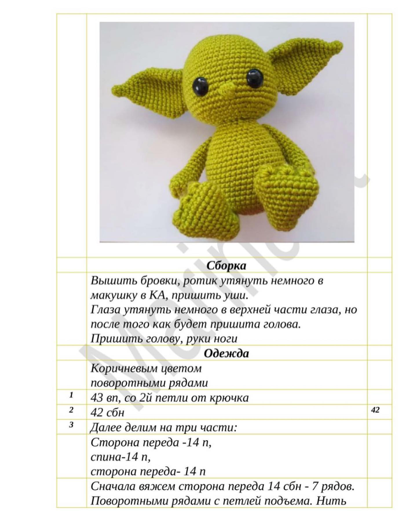 Яркая схема вязания амигуруми инопланетянина с большими ушами