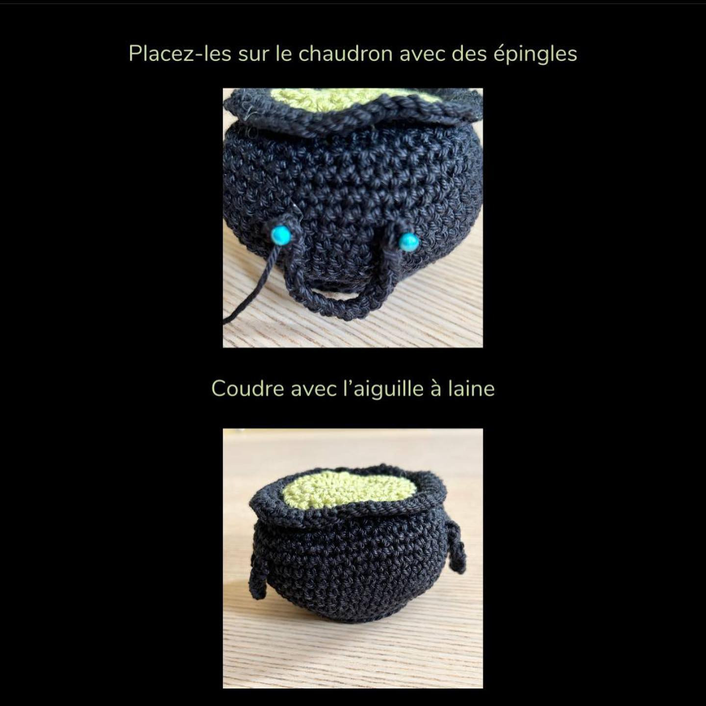 Chaudron de sorcière en crochet avec motif crâne