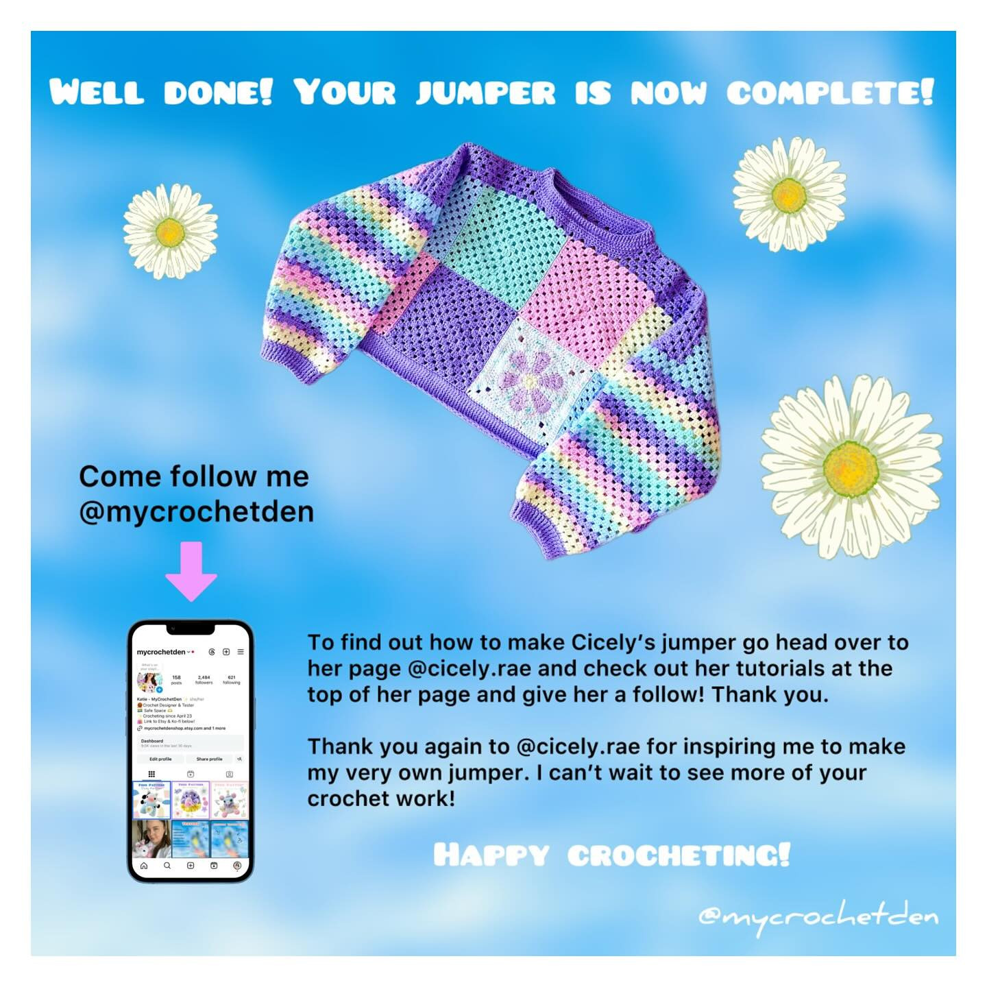Colorful Springtime Crochet Jumper Pattern with Daisies
