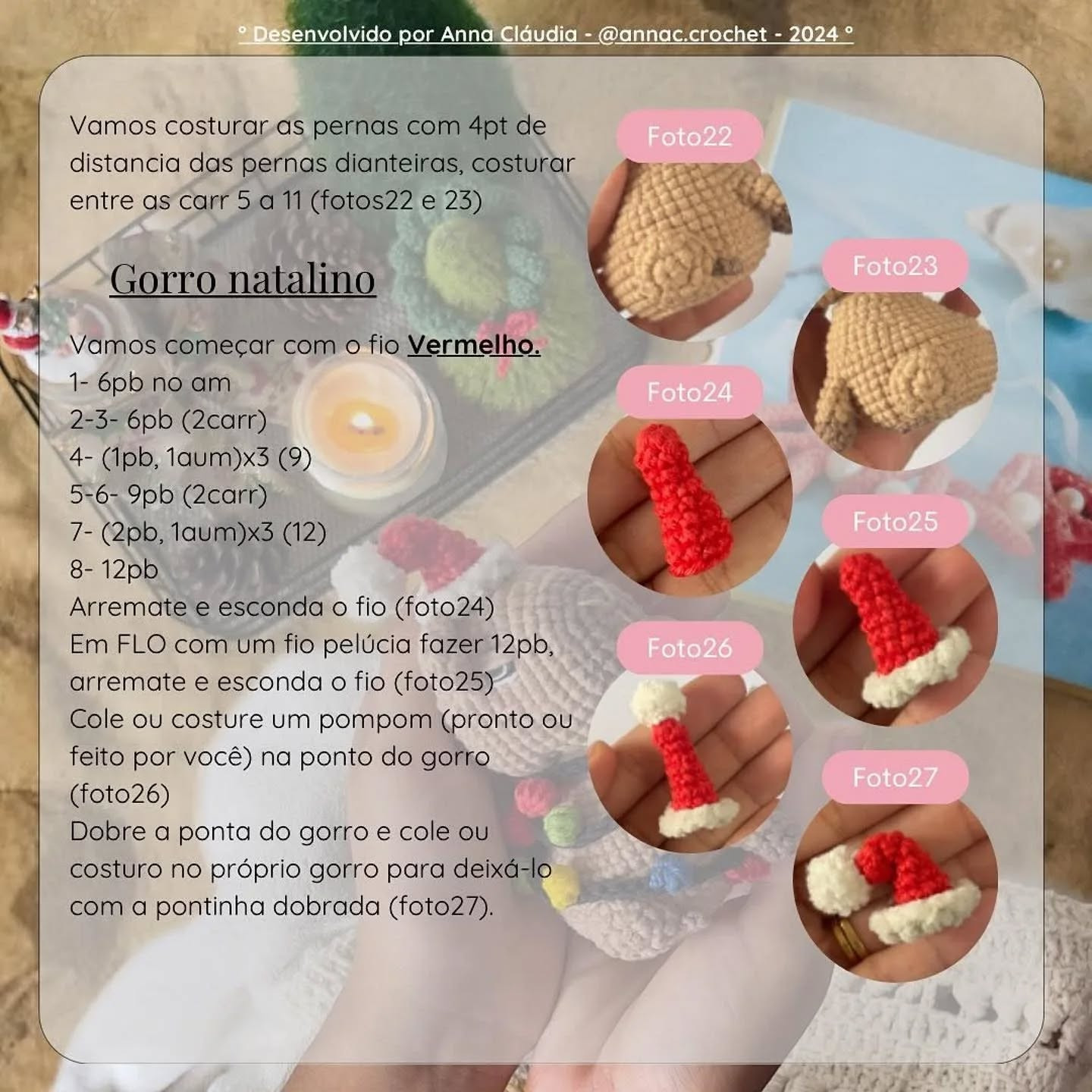 Crochê de capivara Rufus com enfeites de Natal coloridos