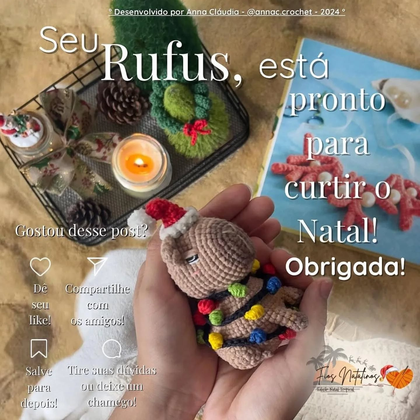 Crochê de capivara Rufus com enfeites de Natal coloridos