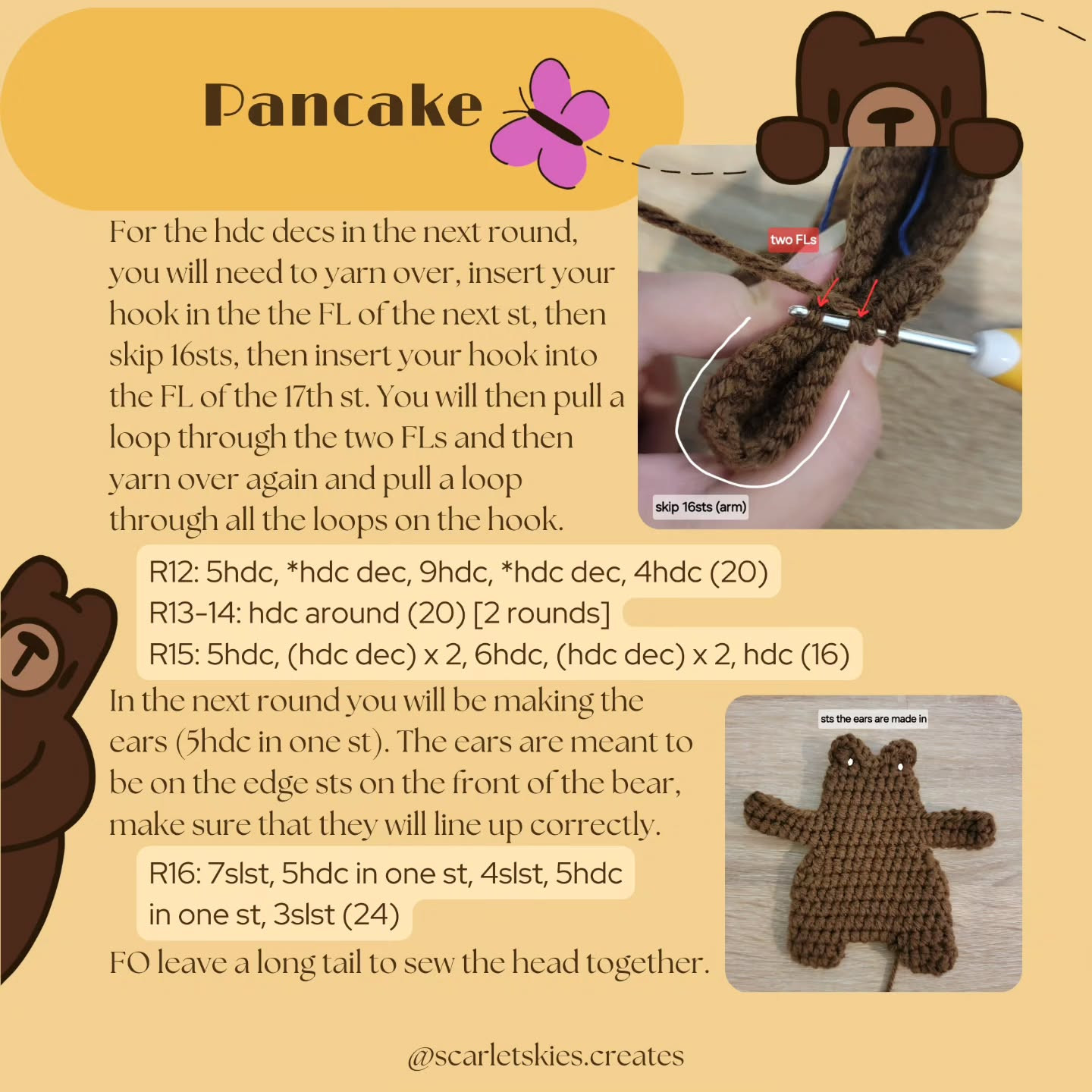 Crochet Pattern for Flat Bear Plushie - Easy and Low Sew