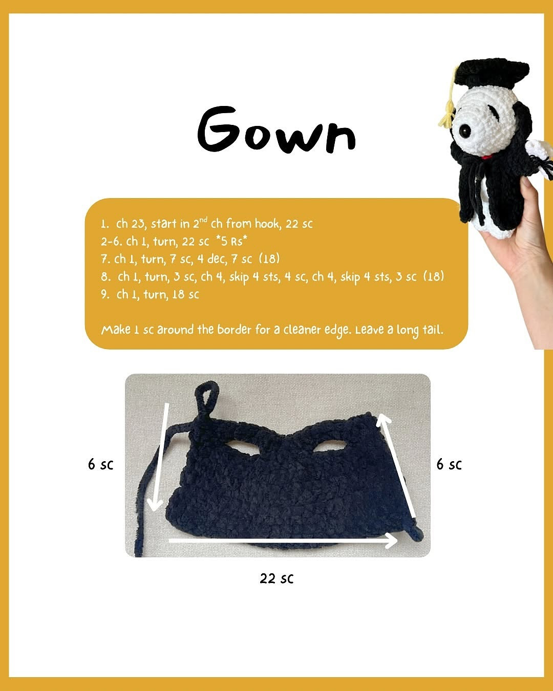 Crochet Pattern for Graduating Snoopy Outfit Only