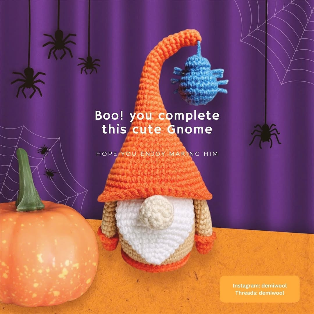 Crochet Pattern for Halloween Gnome with Spider Decoration