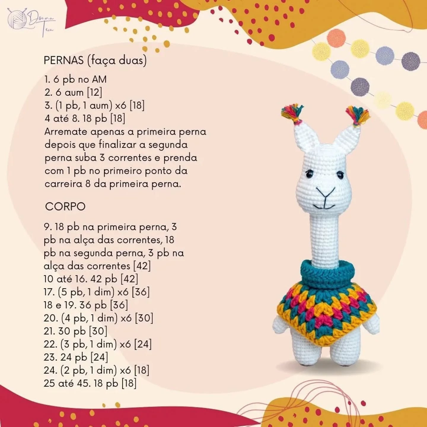 Crochet Pattern for Llama Stuffed Animal with Colorful Poncho