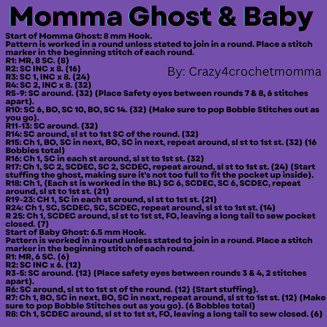 Crochet Pattern for Momma Ghost and Baby with Materials and Instructions