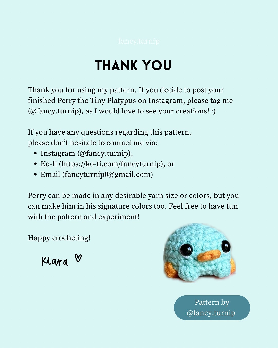 Crochet Pattern for Perry the Tiny Platypus Amigurumi