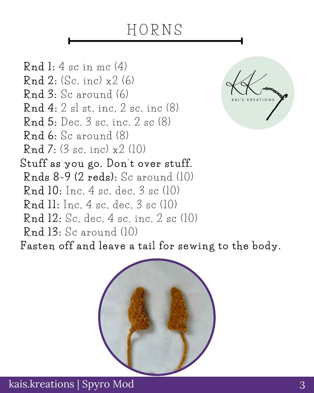 Crochet Pattern for Spyro Dragon with Horn, Tail Tip, and Spikes