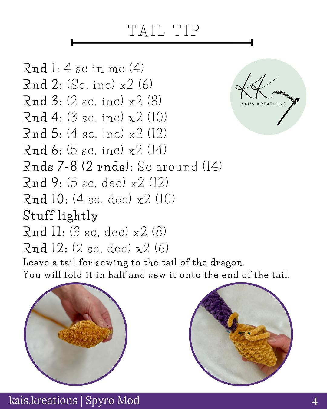 Crochet Pattern for Spyro Dragon with Horn, Tail Tip, and Spikes