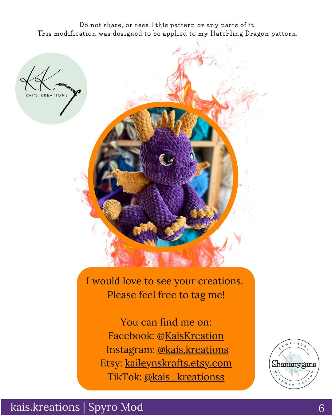 Crochet Pattern for Spyro Dragon with Horn, Tail Tip, and Spikes