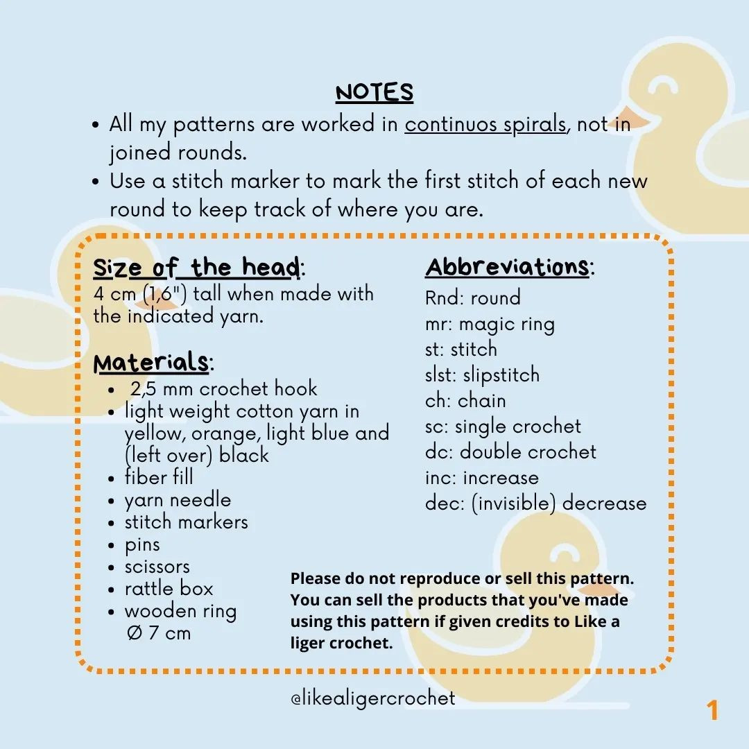 Crochet Pattern Instructions and Materials for Duck Rattle