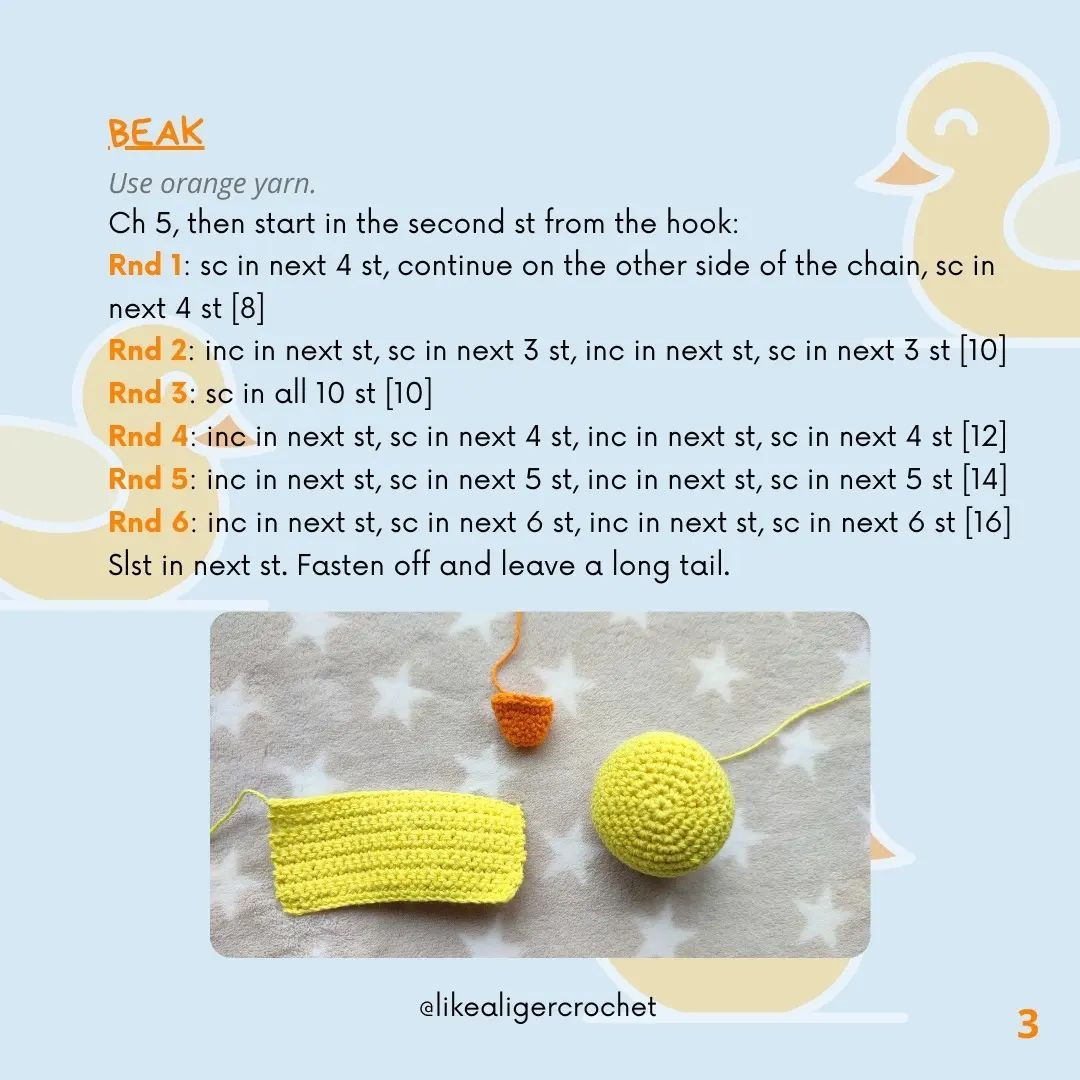 Crochet Pattern Instructions and Materials for Duck Rattle