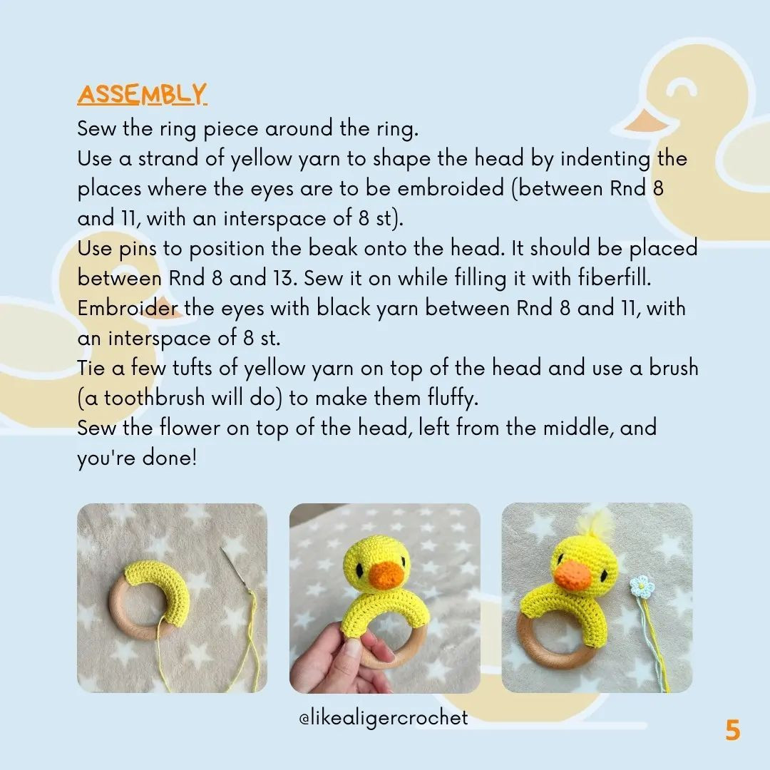 Crochet Pattern Instructions and Materials for Duck Rattle