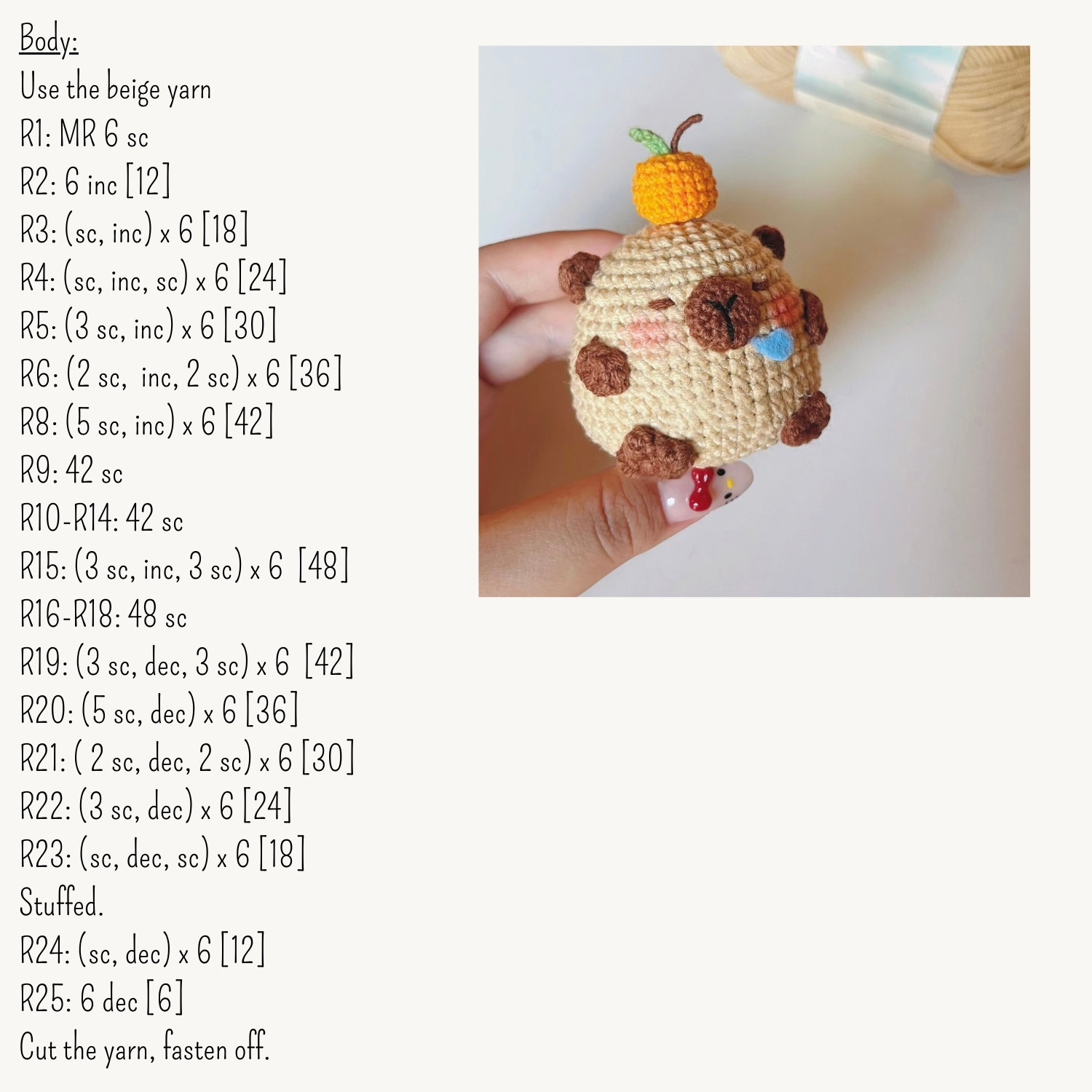Cute Crochet Capybara with Tiny Orange Hat Pattern