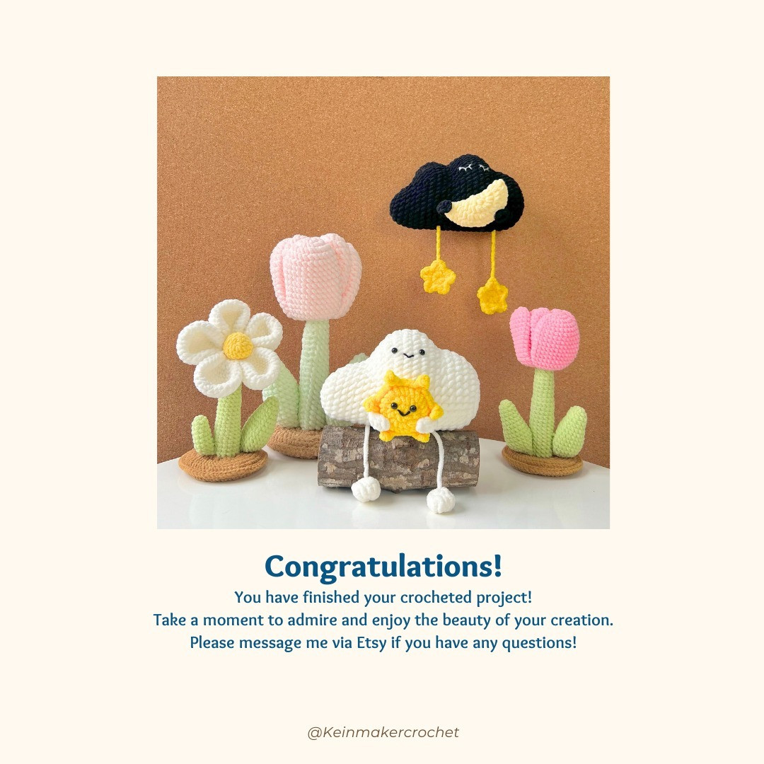Cute Crochet Cloud and Flowers with Smiling Faces