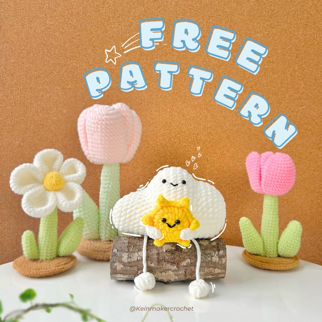 Cute Crochet Cloud and Flowers with Smiling Faces