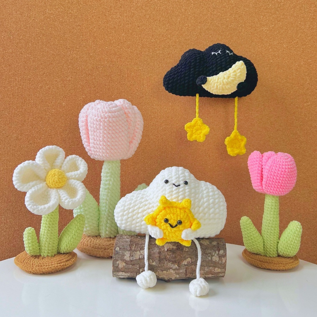 Cute Crochet Cloud and Flowers with Smiling Faces