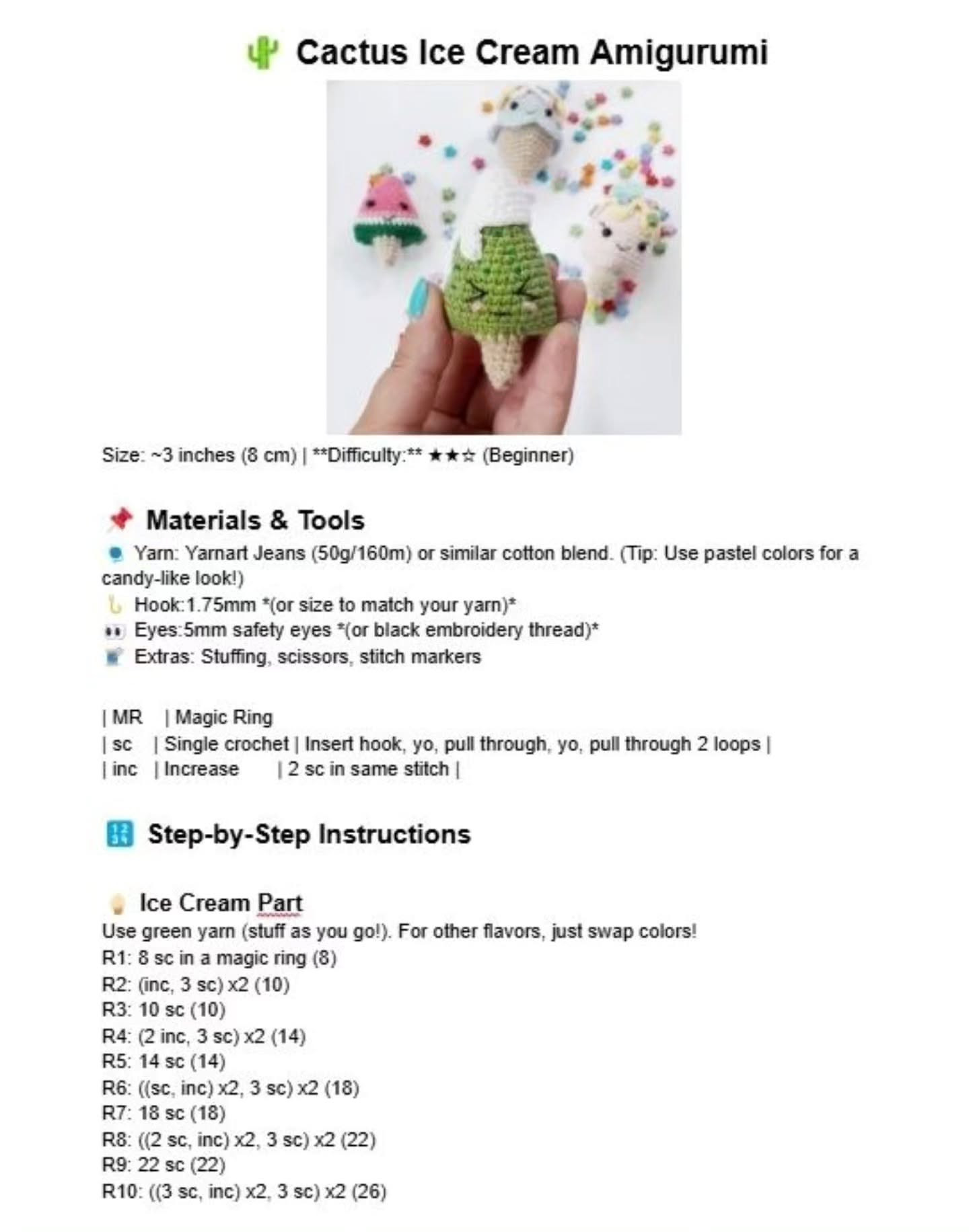 Cute Crochet Doll with Cactus Ice Cream Pattern Free