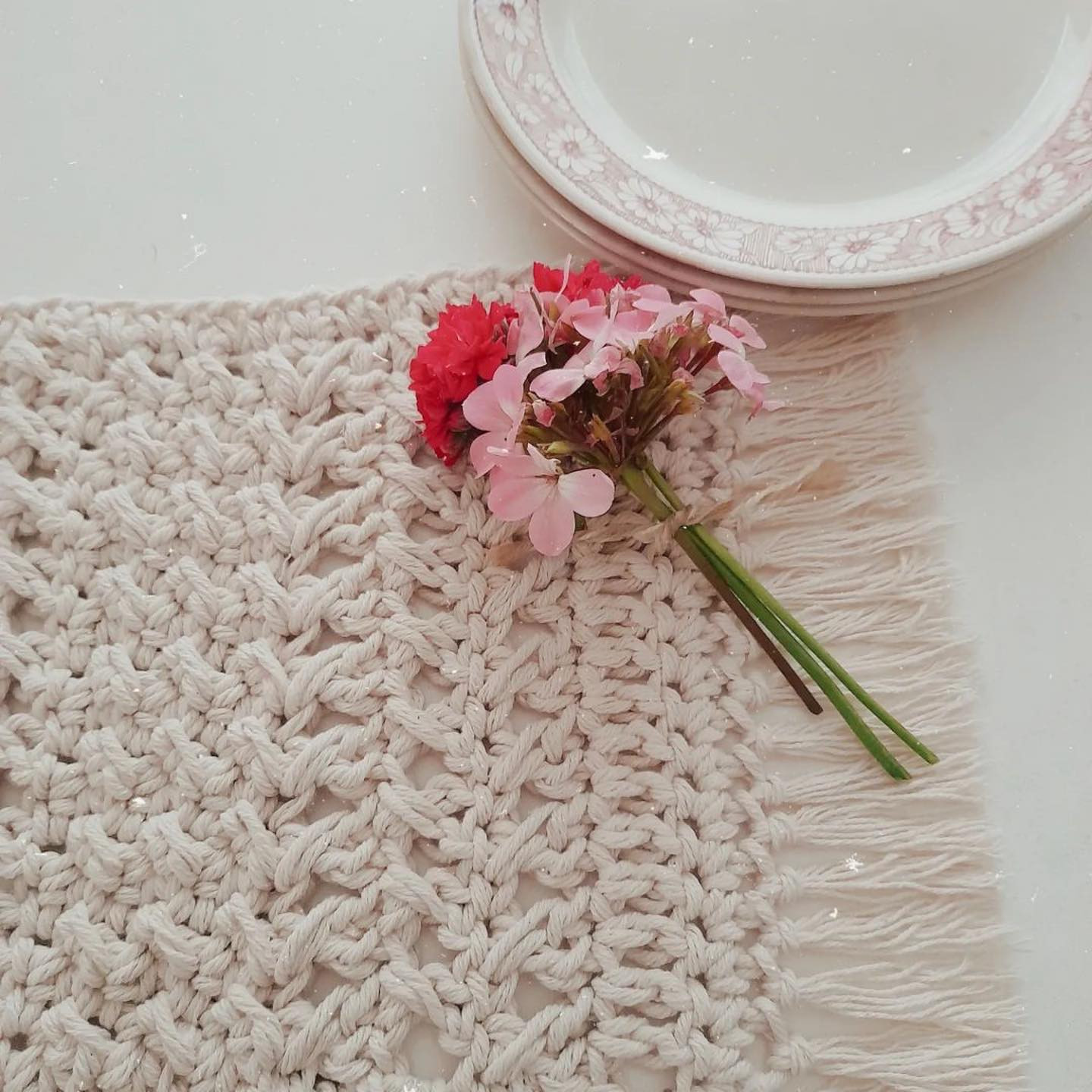 Elegant Crochet Table Runner with Floral Decoration