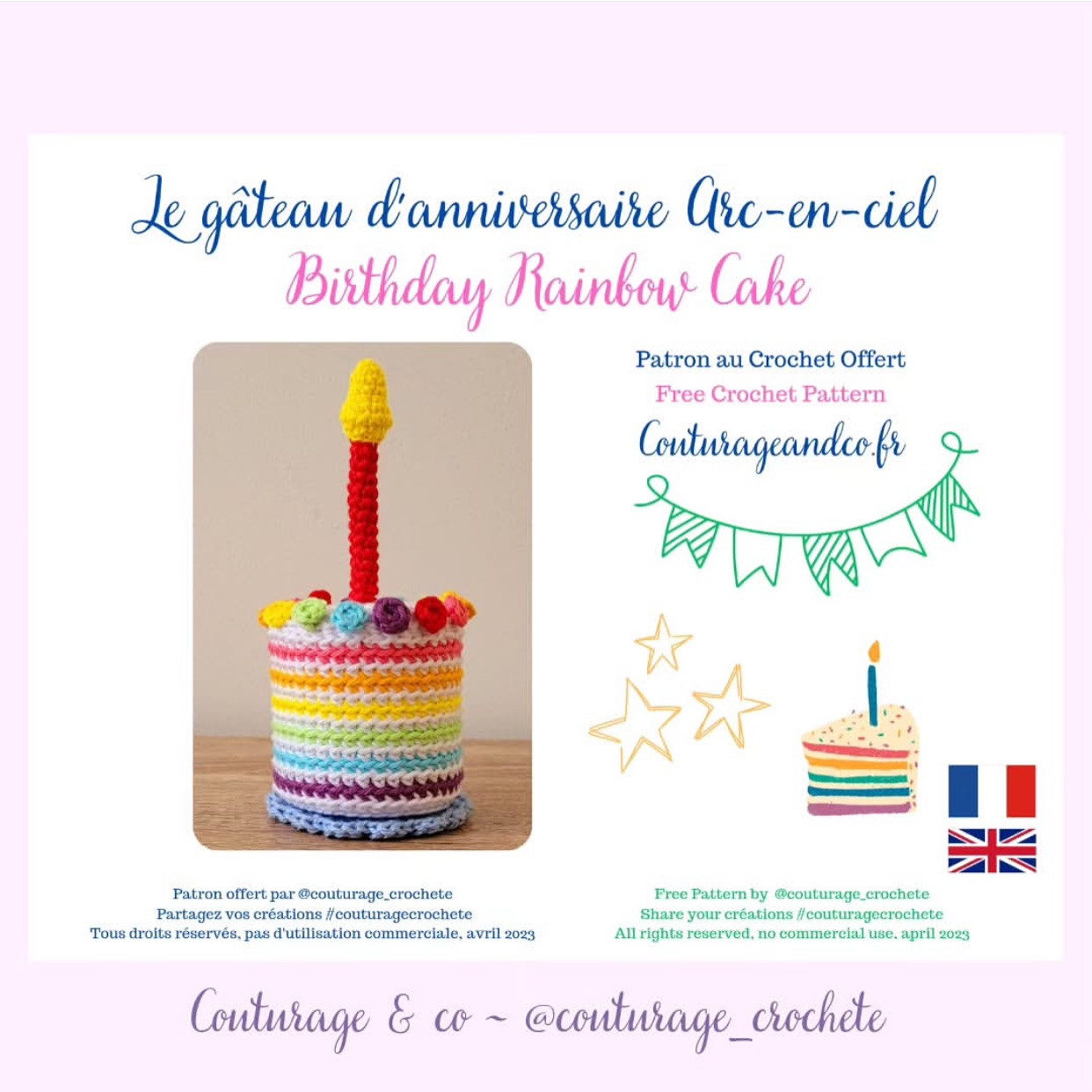 Free Crochet Pattern: Colorful Birthday Cake with Candle